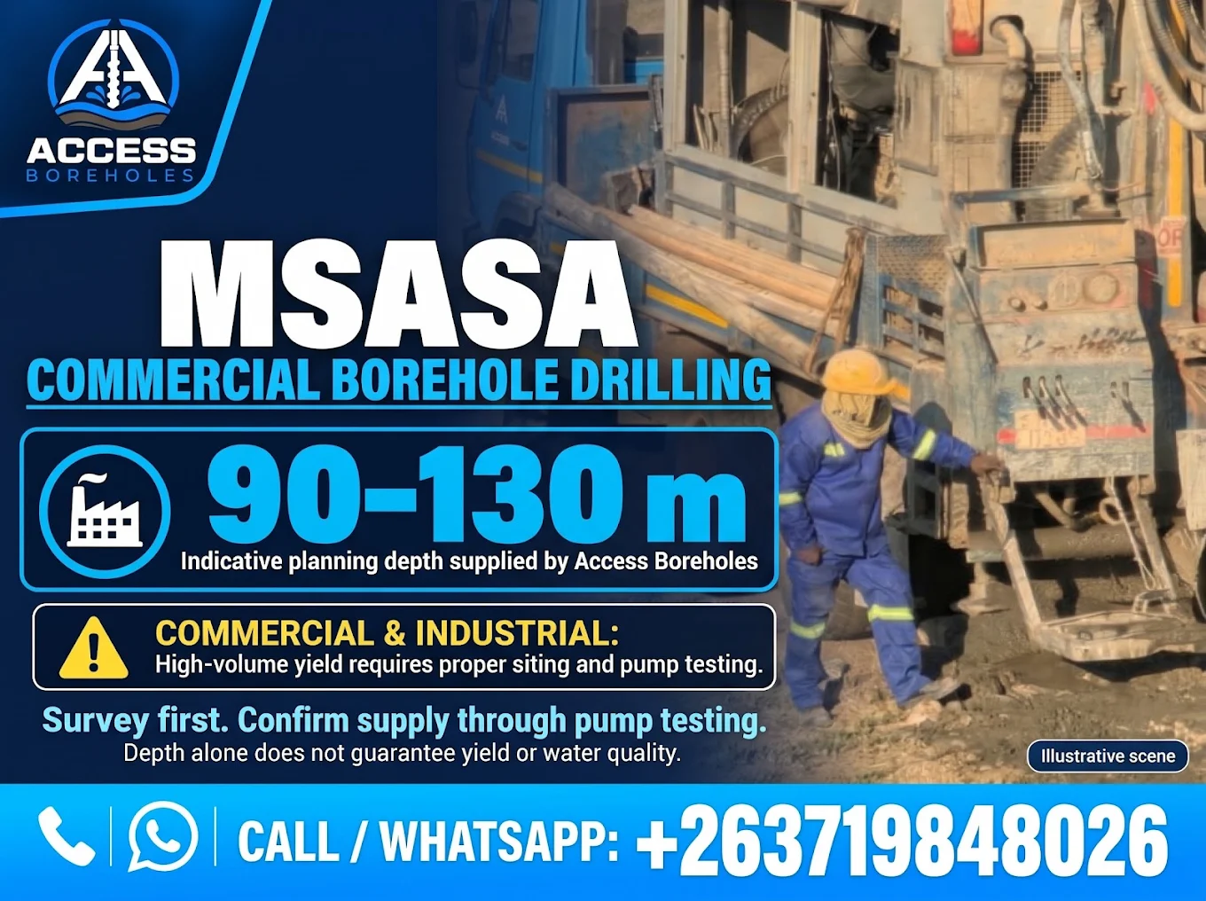 Msasa borehole planning graphic showing an indicative 90 to 130 metre range